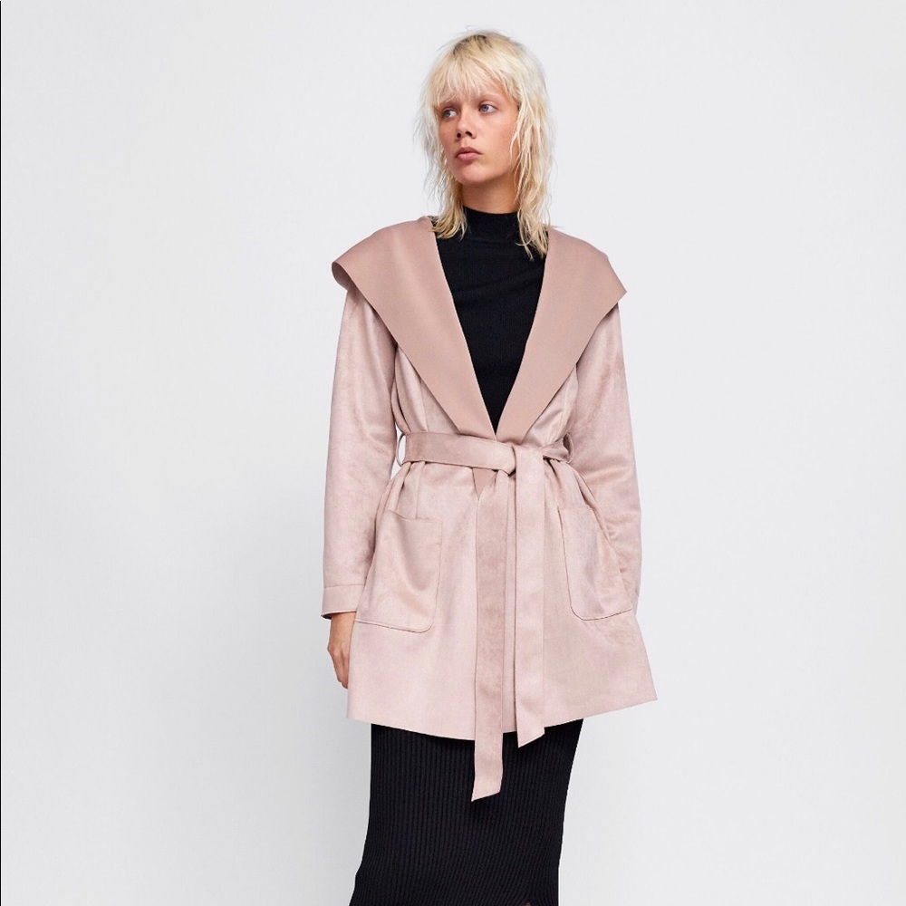 🏷NWT Zara Pink-beige Faux Suede hooded coat S